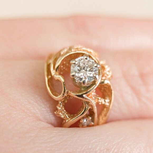 Vintage 14K Gold Brutalist Diamond Ring | Custom Artisan Cast | 0.43ctw | Size 7 - Picture 14 of 16